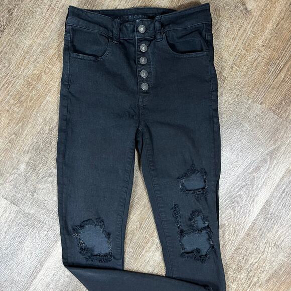 American Eagle Black Distressed Button Fly super hi-rise jegging Jeans - Picture 2 of 8